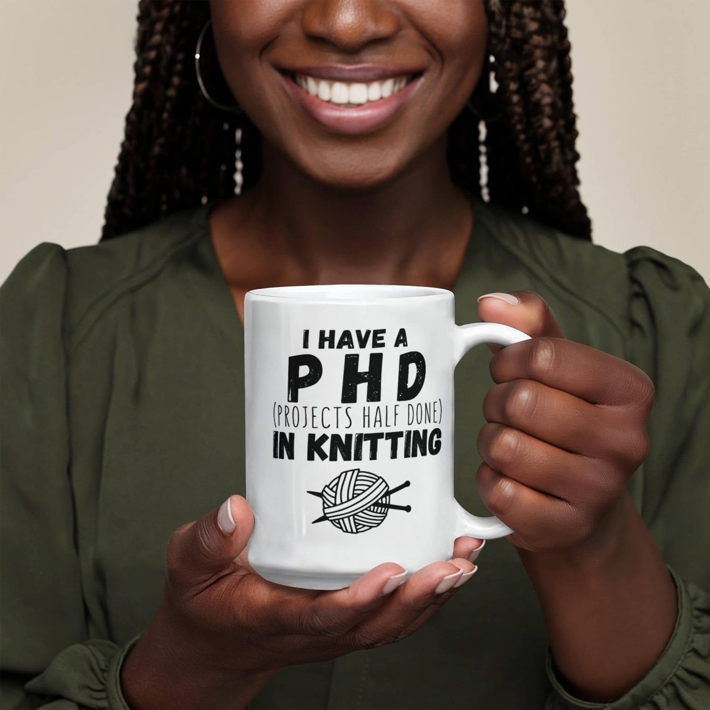 Knitting gifts, funny coffee mugs. Knit gift for her, 15oz coffee mug I have a PHD Project Half Done in Knitting.